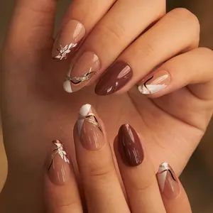Brown Nude Almond Press-On Nails with Gold Leaf Design – 24pcs Long Fake Tips in Glossy Natural Finish | Chic, Elegant & Autumn-Ready Look | Easy to Apply, Durable, Comfortable Fit | Perfect for Office, Dates, Daily Glam & Classy Events | CurvLife