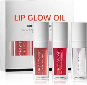 3 Natural Lip Glow Oils – Cherry, Rose & Clear – Hydrating Nourishing Lip Oil Gloss, Non-Sticky Clean Formula, Ultra-Gloss Glass-Lips Shine