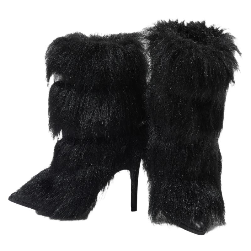 Women's Warm Winter Snow Stilettos Boots Mid-Calf Pointed Toe Furry High Heeled Christmas Holiday Boots Brown Fashionable Walking Shoe