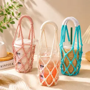 3 Pack Cute Handmade Crochet Drink Carrier Bag for Women Aesthetic Coffee Cup Holder Tote Reusable Boba Tea Water Bottle Holder Purse Korean Pinterest Style Gift for Girls Daily Carry,YM104