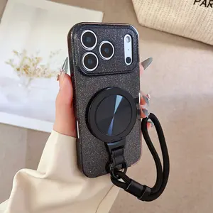 Fashion Glitter Magnetic Phone Case with Lanyard and Rotatable Stand, For iPhone 13 14 15 16 17Promax  /Pro , Transparent Shockproof Soft Cover Magsafe Compatible