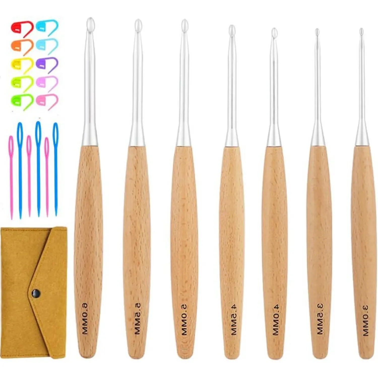 24 Pcs Beech Wood Ergonomic Crochet Hooks Set with Case - Easy to Grip, Lightweight, Smooth Aluminum Hook Heads, 3.0mm-6.0mm Beginner Kit for Crochet Items