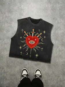 Men's Vintage Washed Sleeveless Tank Top with Sacred Heart & All-Seeing Eye Print, Gothic Streetwear Vest
