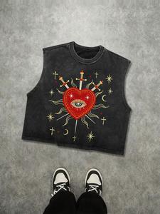 Men's Vintage Washed Loose Sleeveless Tank Top with Sacred Heart & All-Seeing Eye Graphic Print, Gothic Menswear Streetwear Vest