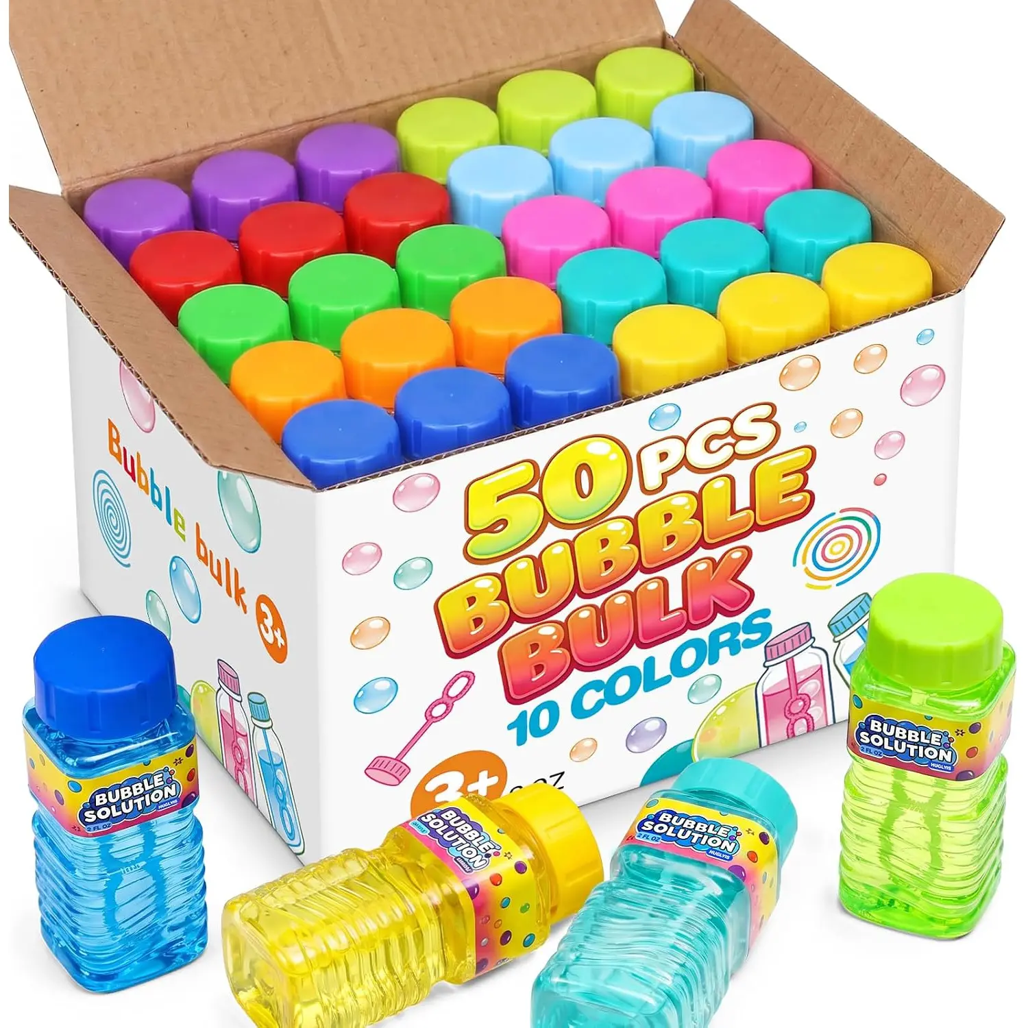 50 Pack Mini Bubble Bottles with Built-in Wands, 10 Neon Colors Bulk Set