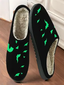 Street-Ready Neon Green Bat Halloween Home Plush Slippers 1 Pair, Cool Neon Dark Halloween Style, Faux Fur Lining + Fleece-Lined Warmth + Platform Cushioning, Halloween Enthusiasts & Home Lovers for Home Foot Warmth + Holiday Stylish Outfits, Winter Must