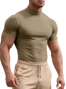 Men's Mock Turtleneck Short Sleeve T-Shirt, Slim Fit Fitted Basic Tee, Stretchy Soft Casual Tops, Solid Color Plain Pullover for Daily Layering All Seasons