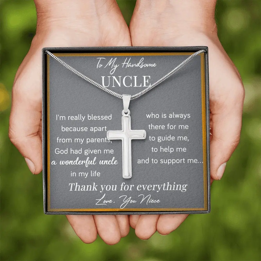 To My Handsome Uncle Cross Necklace, Father's Day Gift For uncle, Gift For Uncle From Niece, Uncle Birthday Gift.  To my Family, Friend Message Card Necklace. Gift