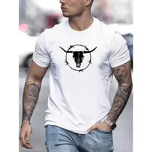 Men's Bull Skull Graphic Tee - Soft & Breathable 100% Cotton Shirt, Beige T-Shirt for Everyday & Formal Outfits - Western Cowboy Style Casual Top, Western T Shirts, Travel Friendly Attire, Durable Print Fabric, Summer Clothing