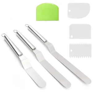 3PCS Offset Spatula Set with Dough Scraper and Cake Scraper Set, Stainless Steel Cake Icing Spatula for Baking, Professional Cake Decorating Spatula Icing Spreader with 6", 8", 10" Blade