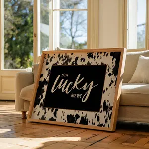 How Lucky Are We, Cowhide Sign, Horizontal Poster, Cowgirl Print, Retro Cowboy Decor, Punchy Western Wall Art (No Framed)