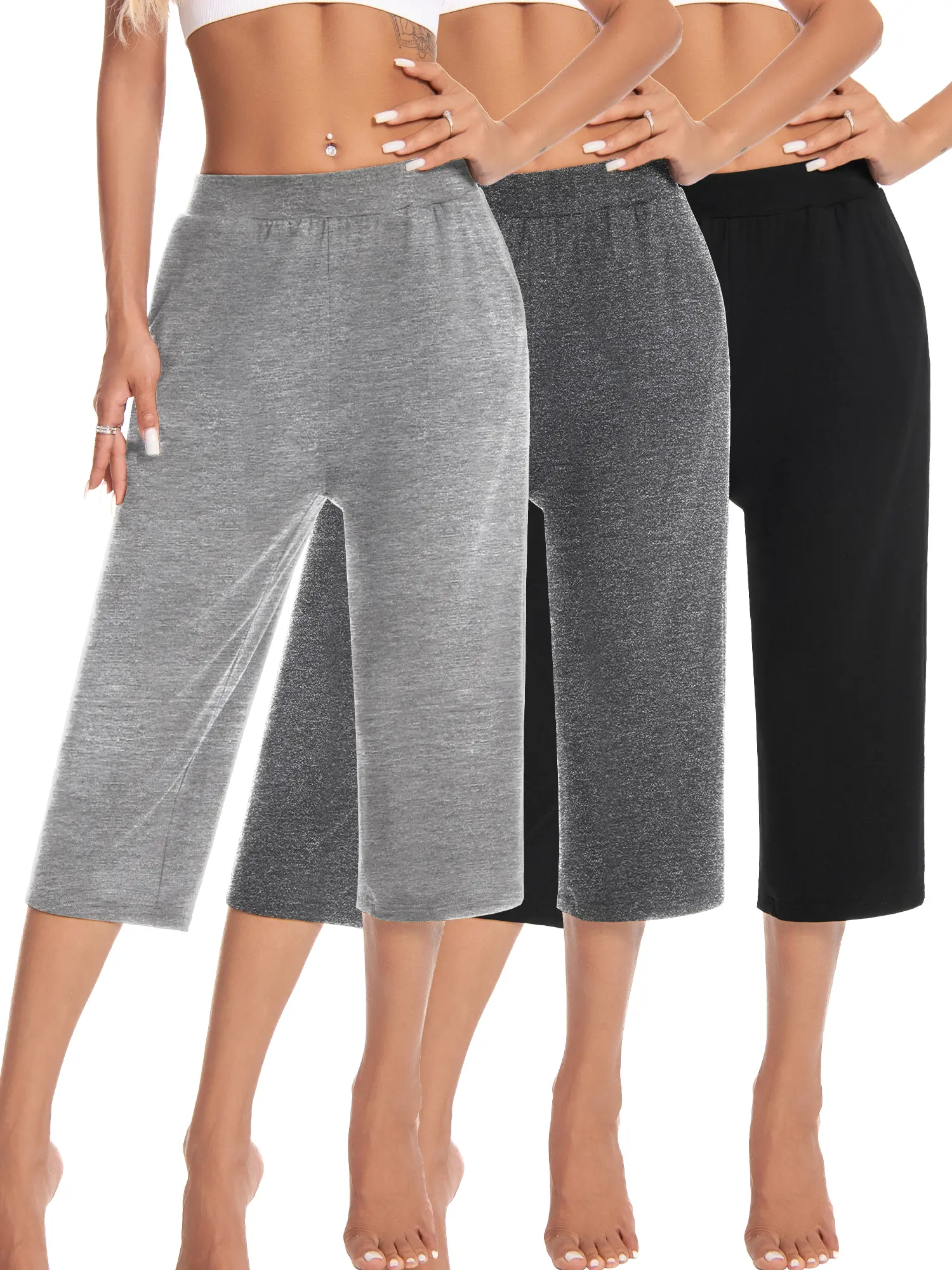 Women's Comfortable Stylish 3-Pack Fitted Capri Pants Set - Lightweight Cropped Pants Bottoms for Casual, Active Wear, Capri Pants Women
