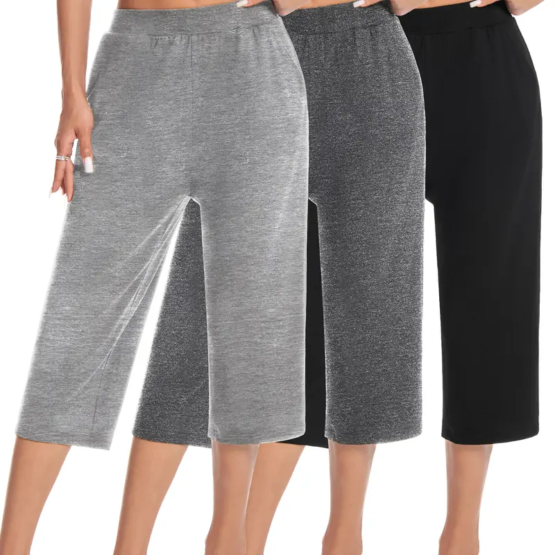 Women's 3-Pack Basic Minimalist Elastic High Waist Wide-Leg Capri Bottoms - Lightweight, Machine-Washable, Stretch Pants in Black/Dark Blue/Wine Red for Casual, Fitness Wear, Bottom