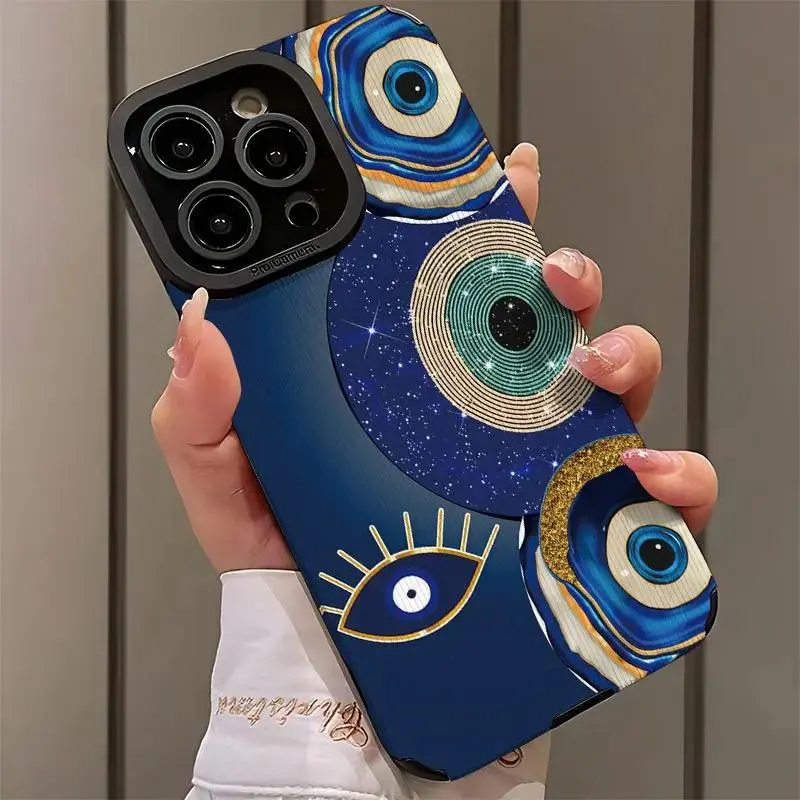 Navy Blue Evil Eye Glitter Star Print Black Frame Matte Phone Case Compatible with iPhone 17 ProMax / 16 ProMax / 15 ProMax / 14 ProMax / 13 ProMax / 12 ProMax / 11 ProMax; iPhone 17AIR