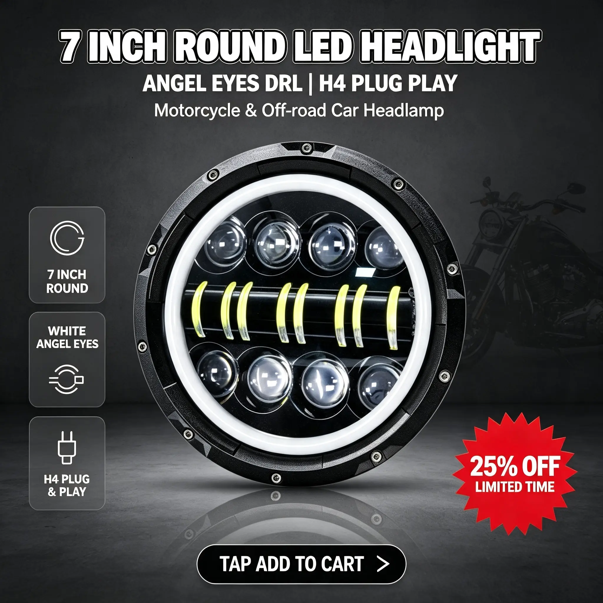 Pack of two7 Inch Led Auto Headlight Motorcycle LED Headlight DRL Angel Eyes for Harley Honda Yamaha Jeep Lada Niva Urban Car H4 Headlamp