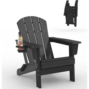 Folding Adirondack Chair, All-Weather HDPE Outdoor Chair, Wooden Textured with Cup Holder for patios, Decks, Gardens, fire pits, Navy Blue