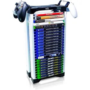 Universal Game Holder – 23 Game Storage Tower Rack for PS2 PS3 PS4 PS5 PSP Xbox 360 Xbox One Series X Wii Switch Games DVD and Blu-Ray Disks. Includes 2 Controller Mounts