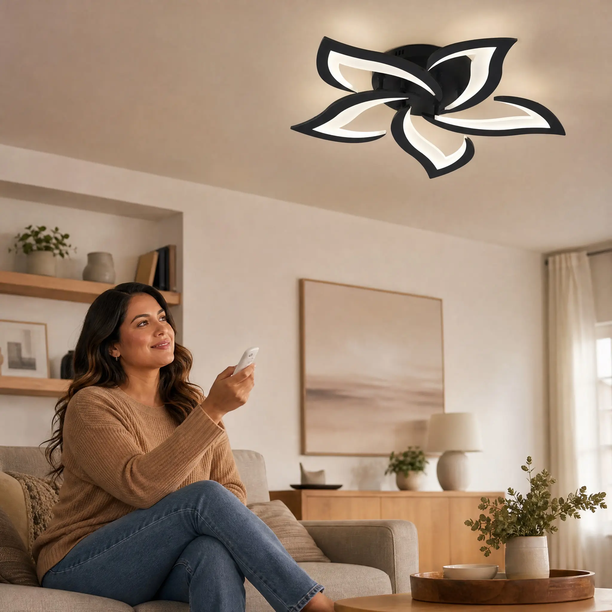 Modern 5 Light Color Flower Low Profile Flush Mount Ceiling Light With Remote Control, 23.7 Dimmable Black, 3000K-6000K LED For Living Room, Kitchen, Dining Room, Bedroom