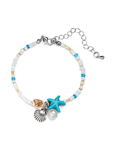 Natural Style Starfish Shell Seashell Bracelet for Women Boho Chic Handmade Beaded Wristband with Tiny Pearls Coastal Summer Accessory
