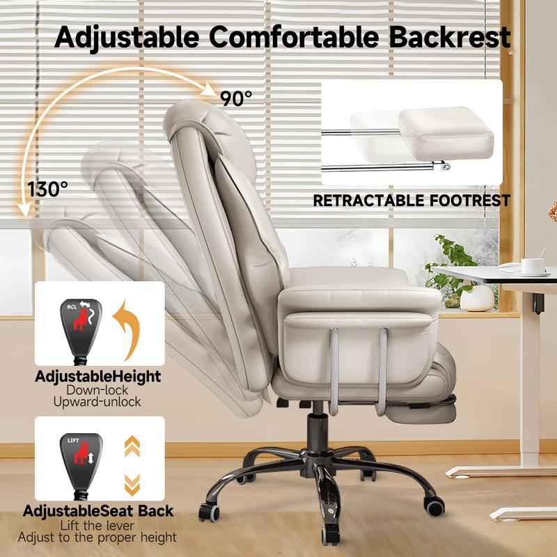 【Black Friday】Big and Tall Office Chair 550 lbs Extra Wide Leather Executive Chair with Retractable Footrest, Heavy-Duty Ergonomic Chair, Adjustable Height Computer Gaming Chairs