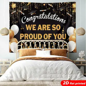 Congratulations We Are So Proud Of You Graduation Tapestry Wall Hanging Black Gold Balloon Cap Diploma Design 2D Flat Printed Backdrop for Graduation Party Decor Photo Booth Home Decor Grad Gift - Friend, Smooth