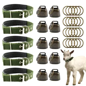Goat collars with bells and keychains. One set includes 5 military green collars (XL-3*60CM), 10 antique bronze bells, and 20 antique bronze keychains (18*28MM). Suitable for farm animals (goats, sheep, cows, horses, dogs) and lamb supplies accessories.
