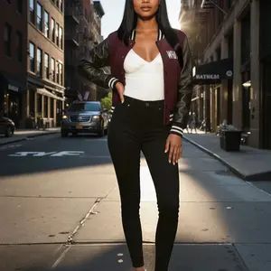 Women's Boss Queen Varsity Jacket WHATAH10 - Maroon & Black with White Accents, Fitted Basic Style Coats for Casual Day Wear