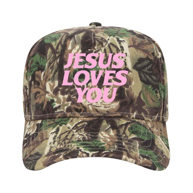 Jesus Loves You Camo Unisex Trucker Hat with Bold Text Design and Adjustable Fit