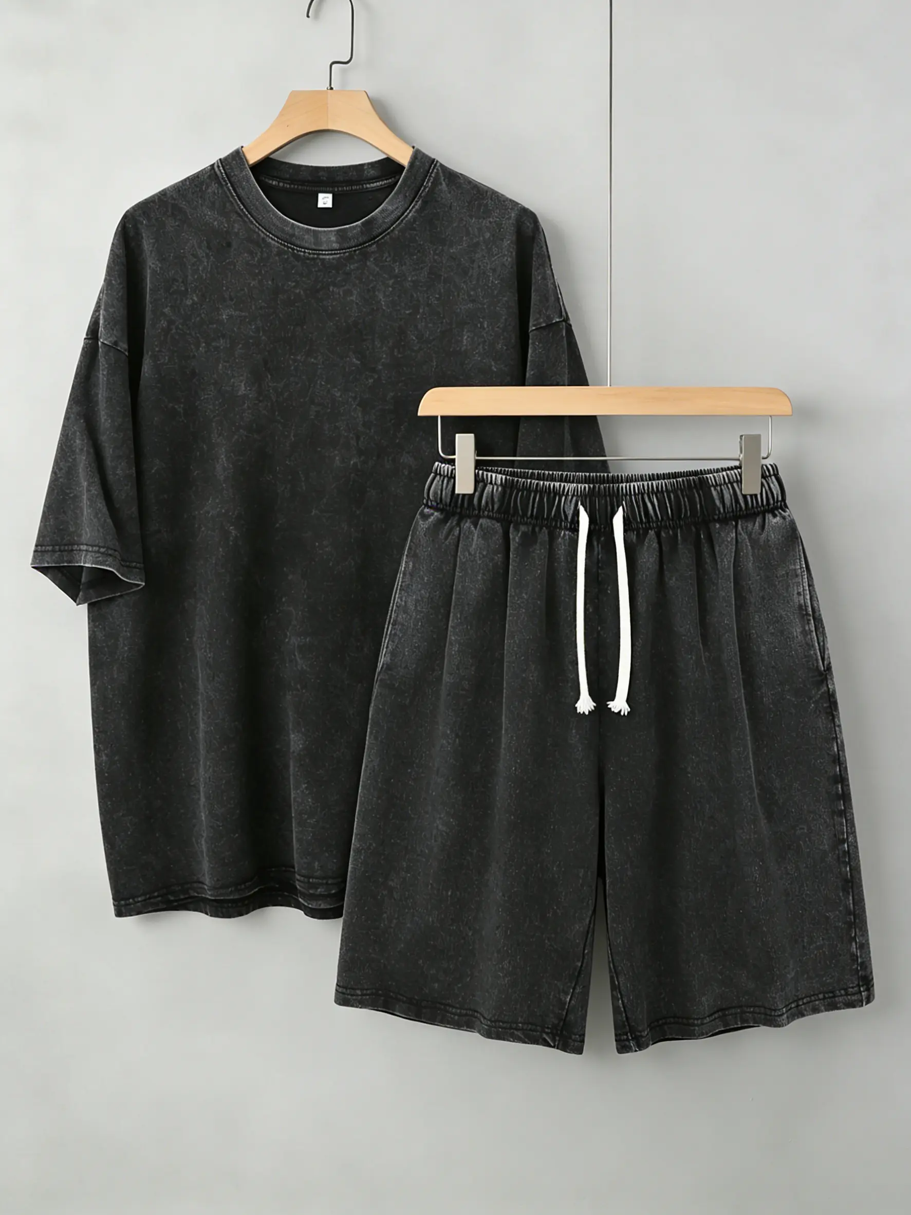 Unisex Vintage Acid Wash Oversized Tee & Drawstring Shorts 2-Piece Set, Soft Round Neck Shortsleeve Gender-Neutral Retro Y2K Grunge Streetwear, Breathable Cotton Distressed Plus Size Menswear Aesthetic Outfit for Summer, Limited Stock chill