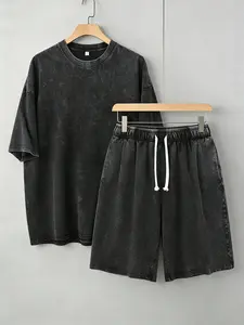 Unisex Vintage Acid Wash Oversized Tee & Drawstring Shorts 2-Piece Set, Soft Round Neck Shortsleeve Gender-Neutral Retro Y2K Grunge Streetwear, Breathable Cotton Distressed Plus Size Menswear Aesthetic Outfit for Summer, Limited Stock