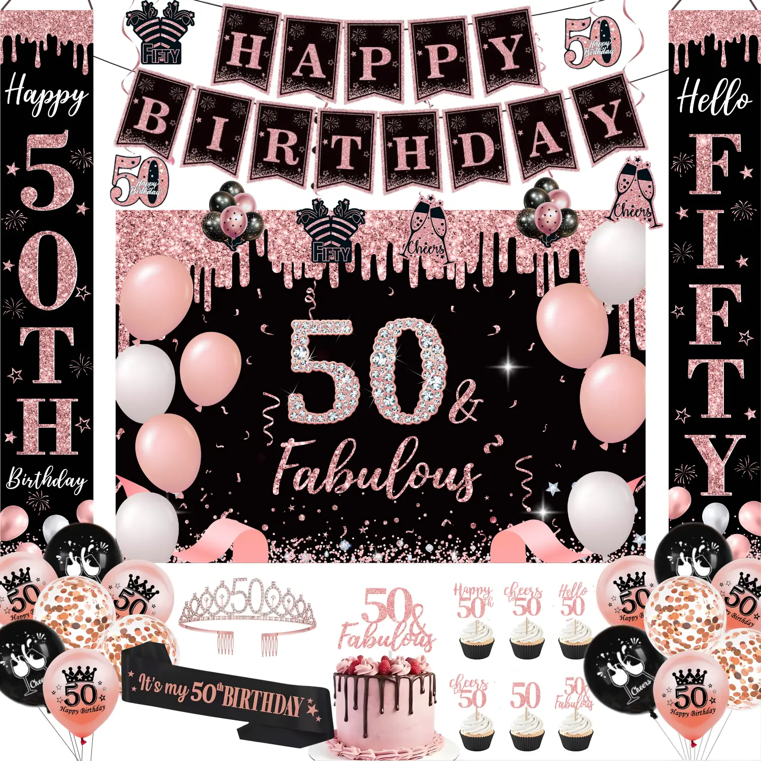 Rose Gold 50th Birthday Decorations Complete Kit for Her - "50 & Fabulous" Backdrop, Banner, Balloons, Tiara, Sash, Cake Topper, Decorative Assemble Party Setup Gifts (Festive & Party Supplies)