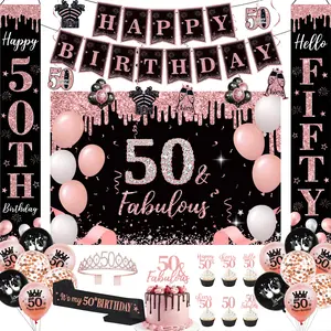 Rose Gold 50th Birthday Decorations Kit - "50 & Fabulous" Backdrop, Banner, Balloons, Tiara, Sash, Cake Topper - Complete Party Set for Her