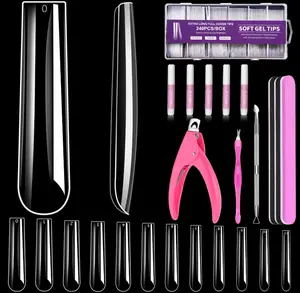 MORGLES Extra Long Tapered Square Nail Tips, 240 Pcs 3XL Full Cover Fake Tips Clear Nail Kit with Glue, Clipper, Files and Cuticle Fork for Acrylic Home DIY with Box