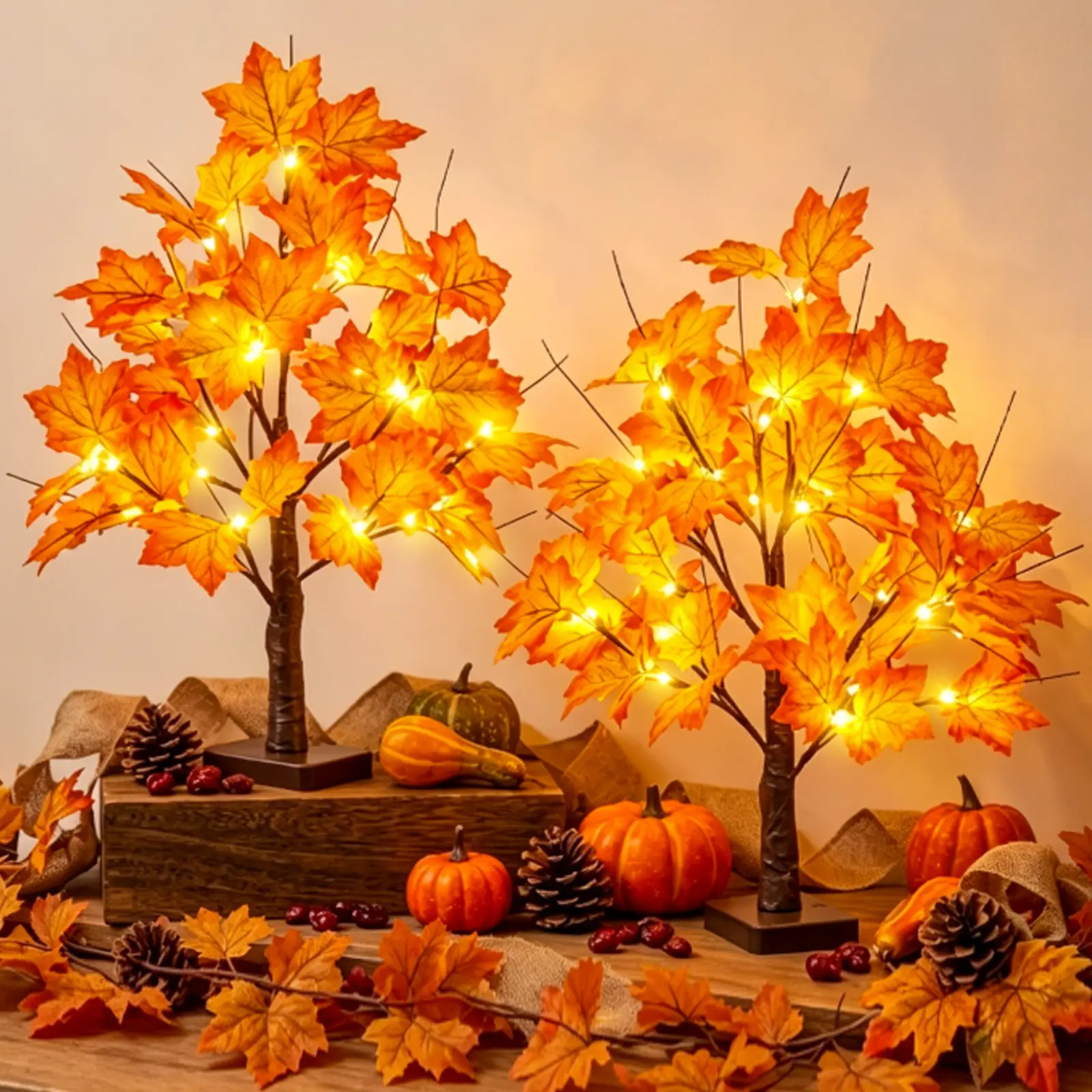 EAMBRITE Fall Decorations for Home Fall Maple Tree Fall Decor Fall Trees | Lighted Artificial Trees with Lights 24LED Thanksgiving Table Battery Operated Centerpieces for Autumn Indoor Room 2Pack