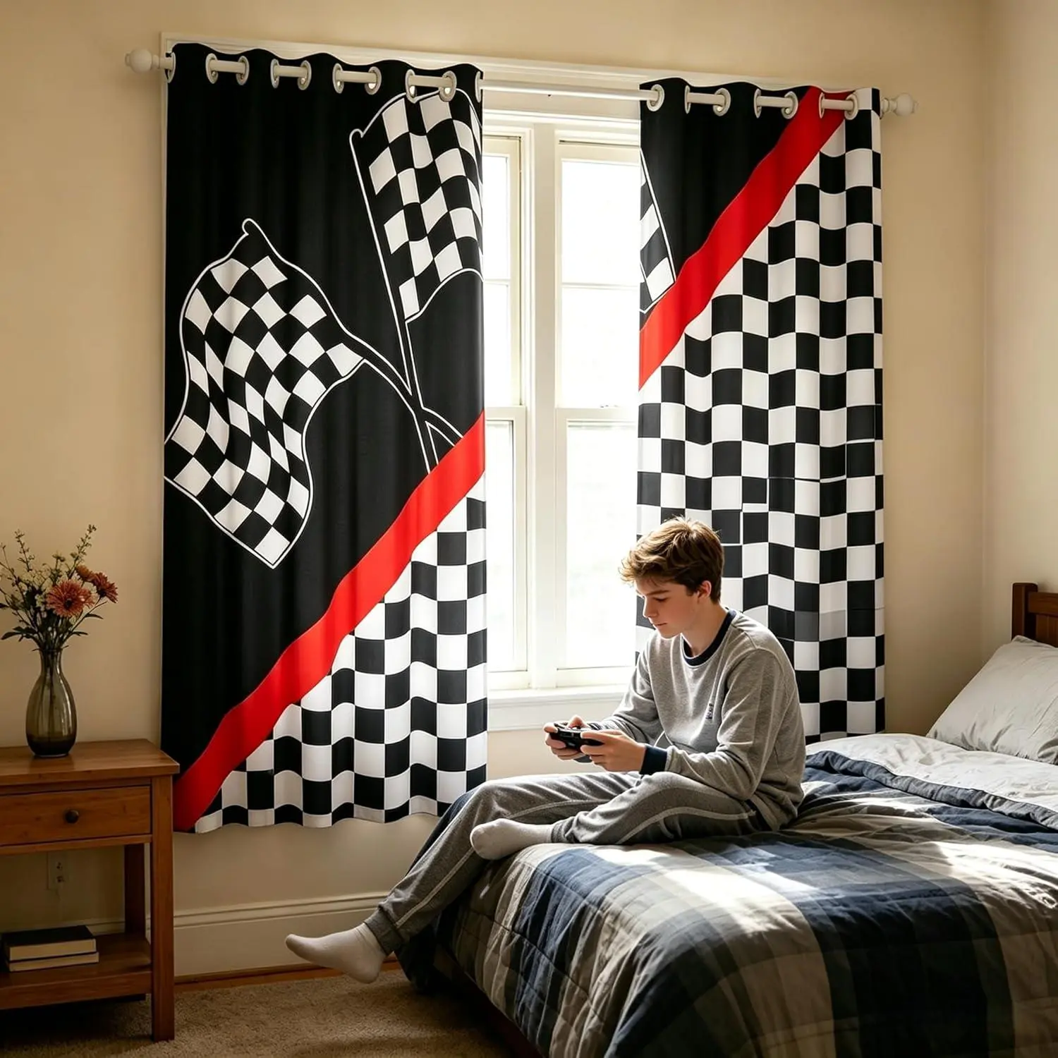 Feelyou Racing Car Blackout Pattern Curtains - Race Car Flag Theme Grid Checks Sports Drapes, Multi-Size Room Decor Curtain for Kitchen Windows, 2 Panels