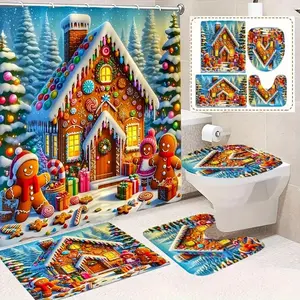 Christmas Candy Gingerbread Man Shower Curtain Set, Non-Slip Mat, U-Shaped Rug, Toilet Lid Cover, Bathroom Decor, Includes 12 Hooks, Bathroom Decoration Accessories