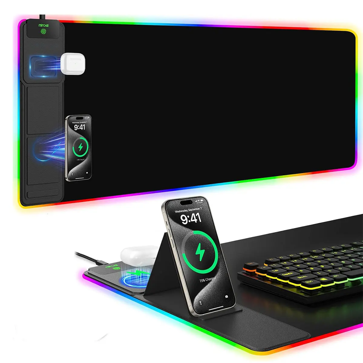 XXL RGB Lights Gaming Mouse Pad - High Density Computer Desk Mat, 31.5"x15.8" Waterproof, Foldable Adjustable Stand Phone Holder, Dual Qi Certified Wireless Charging Station, 4 Light Modes, Extended Mouse Pad