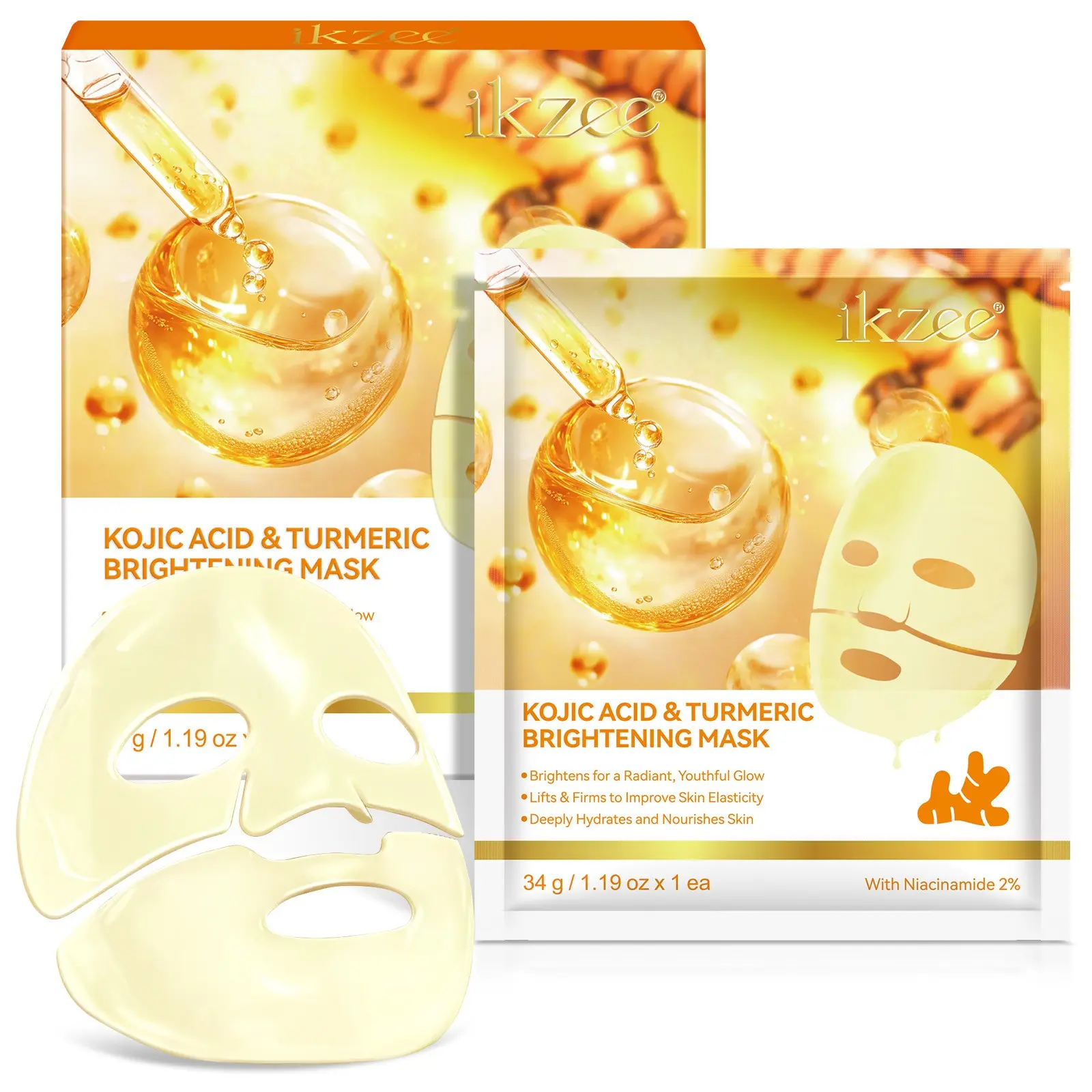 ikzee Turmeric Brightening, Hydrating Mask, containing niacinamide, kojic acid, and turmeric, brightens and moisturizes the skin, helping it achieve a radiant, glowing complexion