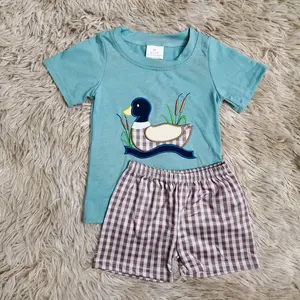 Short sleeves duck embroidery cotton top & gingham shorts set kids boys clothing set