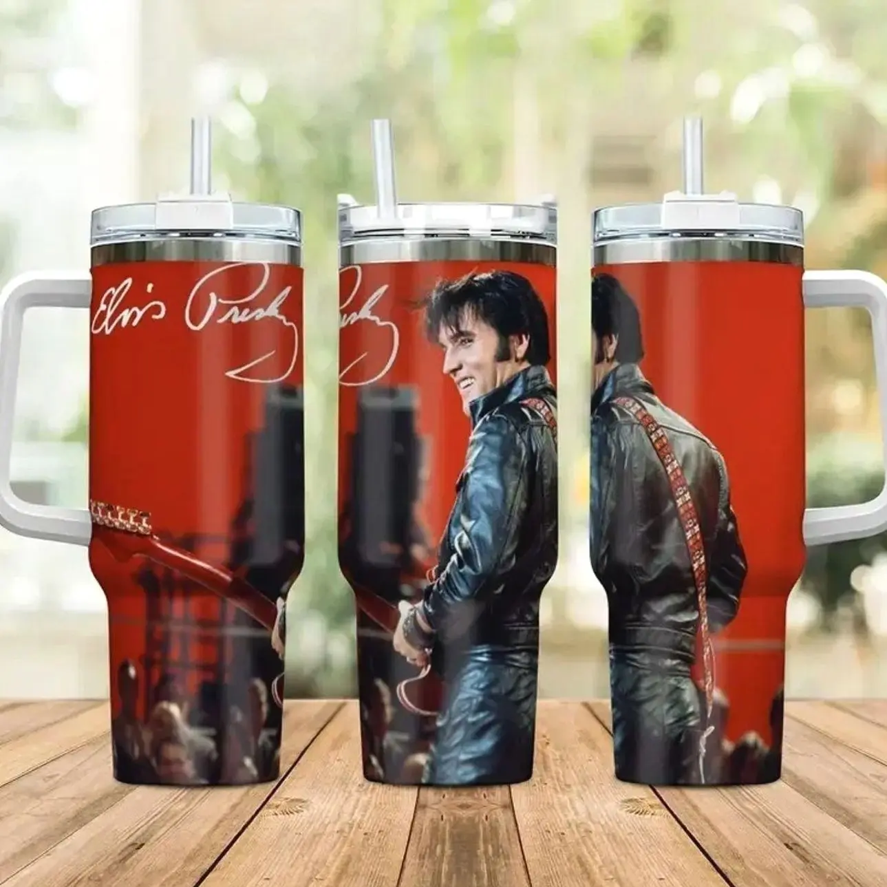 Elvis Presley 40oz Insulated Tumbler With Handle & Straw, Vintage Rock N Roll King Of Rock Music Fan Gift, 1968 Comeback Special Leather Jacket Stainless Steel Travel Mug, Retro Singer Signature Graphic Cup For Men Women