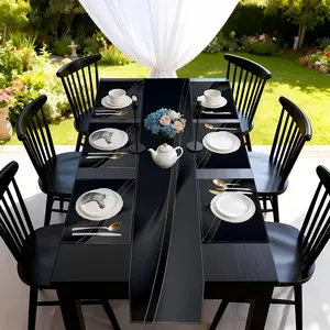 2D flat printing, 1 piece/4 pieces/6 pieces/8 pieces/5 pieces set/7 pieces table flag placemat set, elegant black background gold stripe style, suitable for kitchen and dining table decoration, indoor and outdoor family gatherings, holiday parties