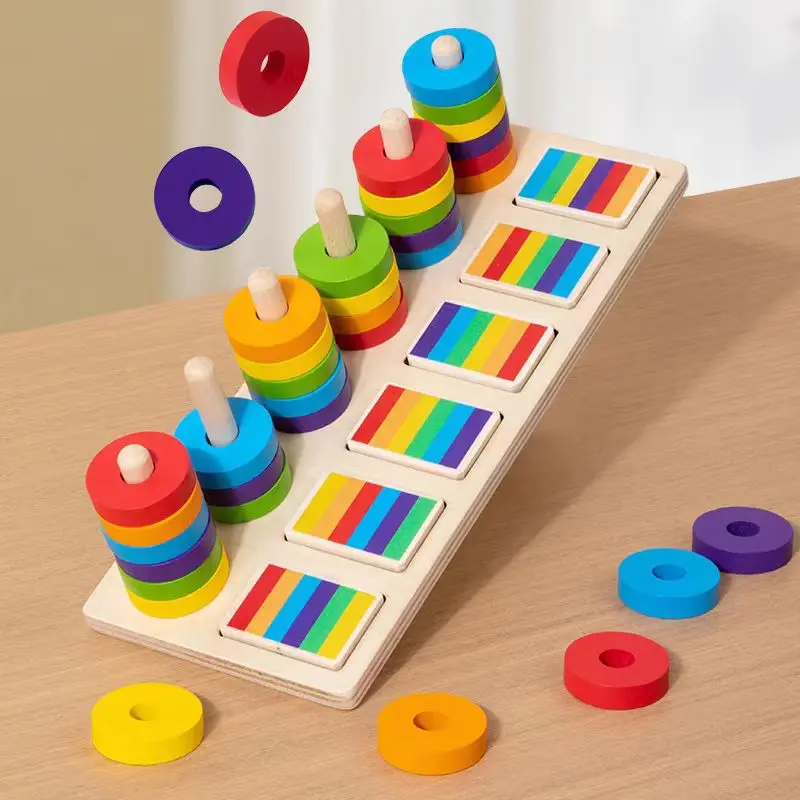 Rainbow Rings & Stacking Pillars Shape Sorter Set - Kids Blocks for Early Years Hands-On Learning, Development, Color Recognition, Matching, Fine Motor Skills, Birthday Gift Ready