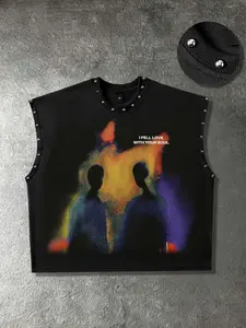 Phantom neon effect printed men's short vest, phantom portrait pattern, summer clothes, unisex vest, women's street style, metal rivet craft vest, black loose vest suitable for nightclubs, hip-hop rap rappers, and streetwear
