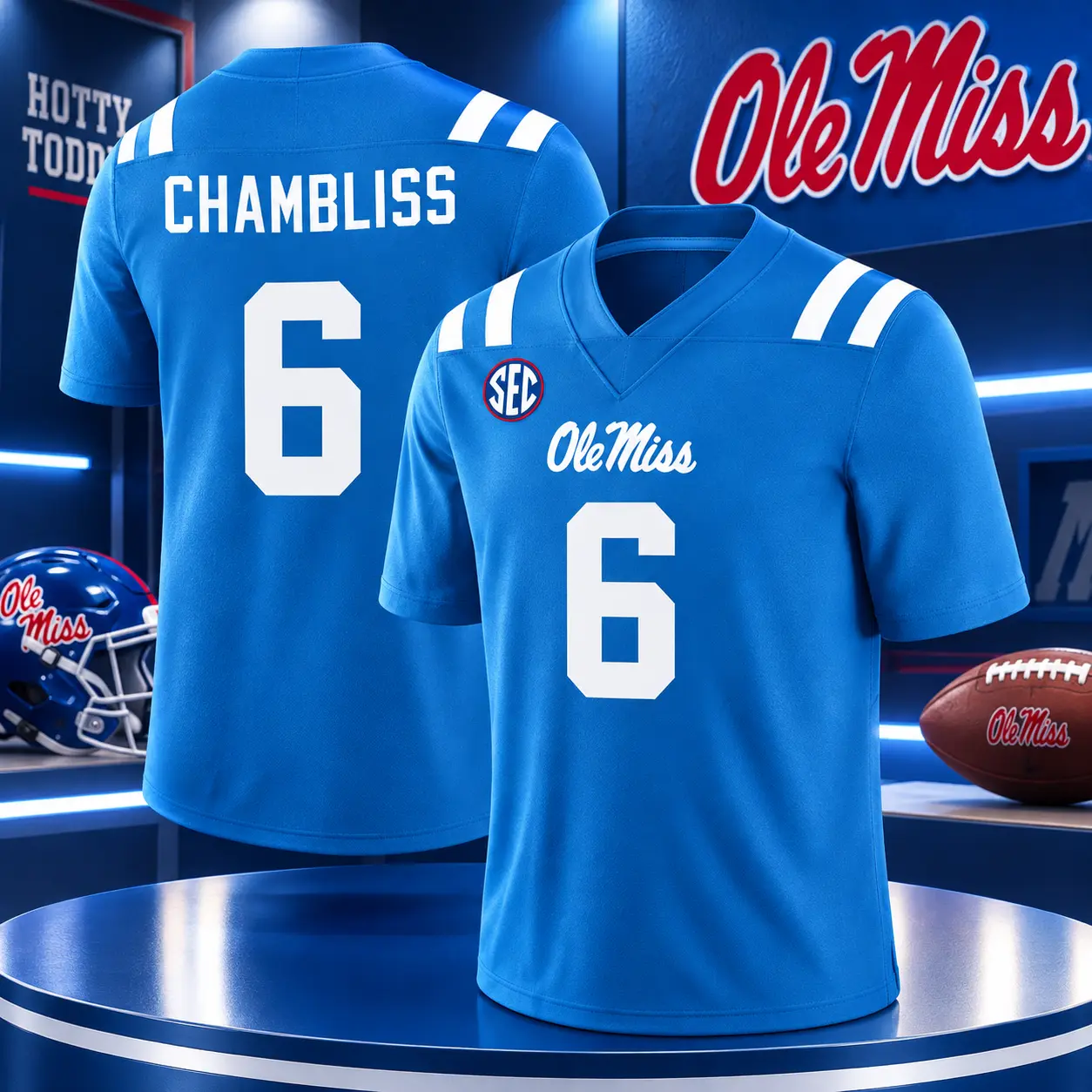 Ole Miss Rebels Red Jersey Shirt #6 Chambliss Name Number Unisex Football Tee Lightweight Breathable Game Day Tailgate Gift