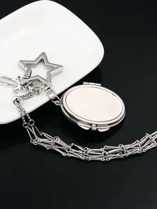 Fashion Simple Lipstick Metal Net Pouch Keychain Jewelry, DIY Bag Charm, Silver Color Heart Star Stripe Hanging Decor, Women's Makeup Mirror Keychain Gift