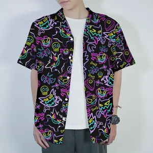 Men's Short-Sleeve Casual Gengar Hawaiian Shirt Tropical Button Up Shirt Summer Beach Short Neon Ghost Pattern Matching Set Unisex Outfit Gengar Shirt Gifts Summer Vacation Wear