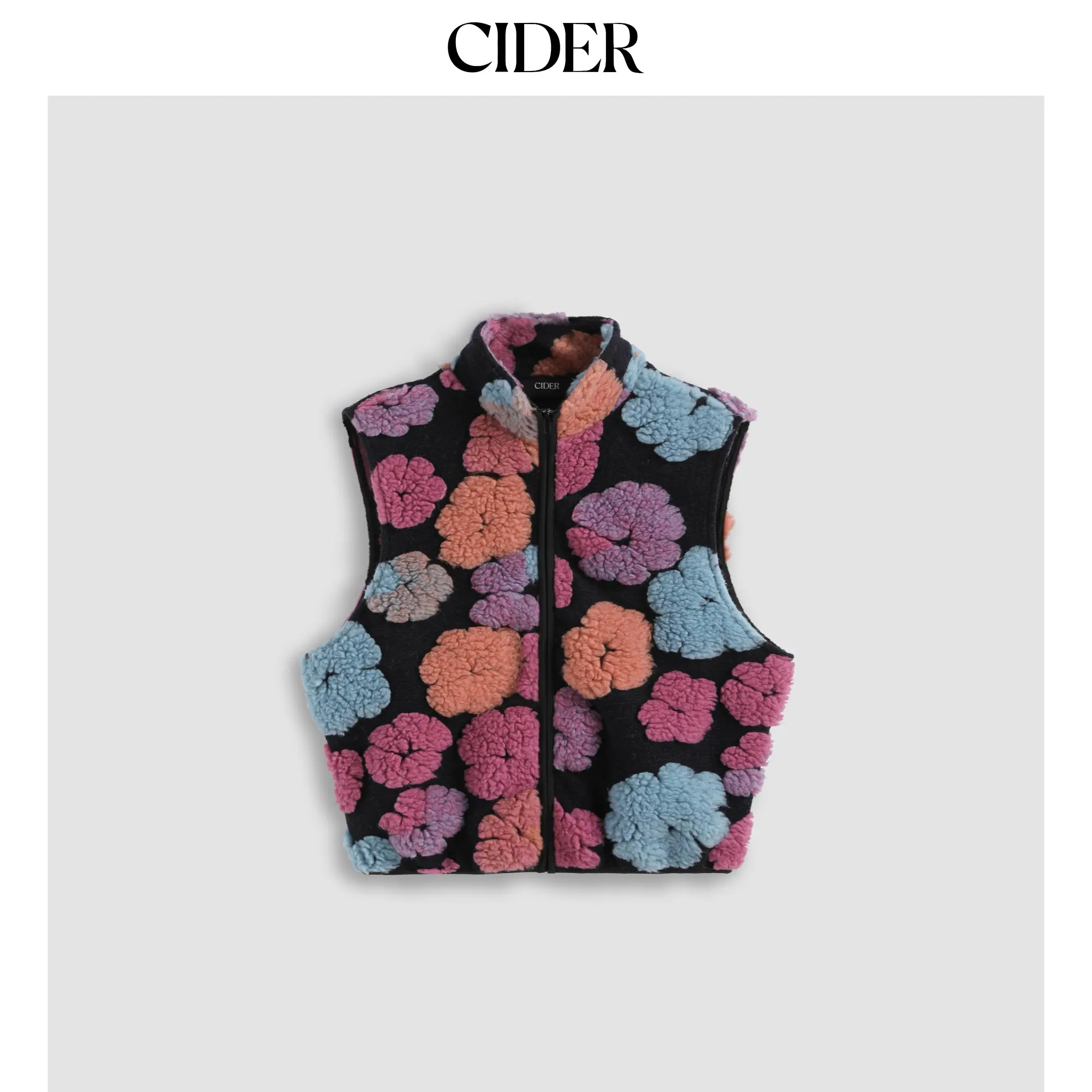 Cider Women's Fleece Turtleneck High Neck Floral Pattern Zipper Vest Tops, Size 2-10, Multicolor, Lady, Pull On