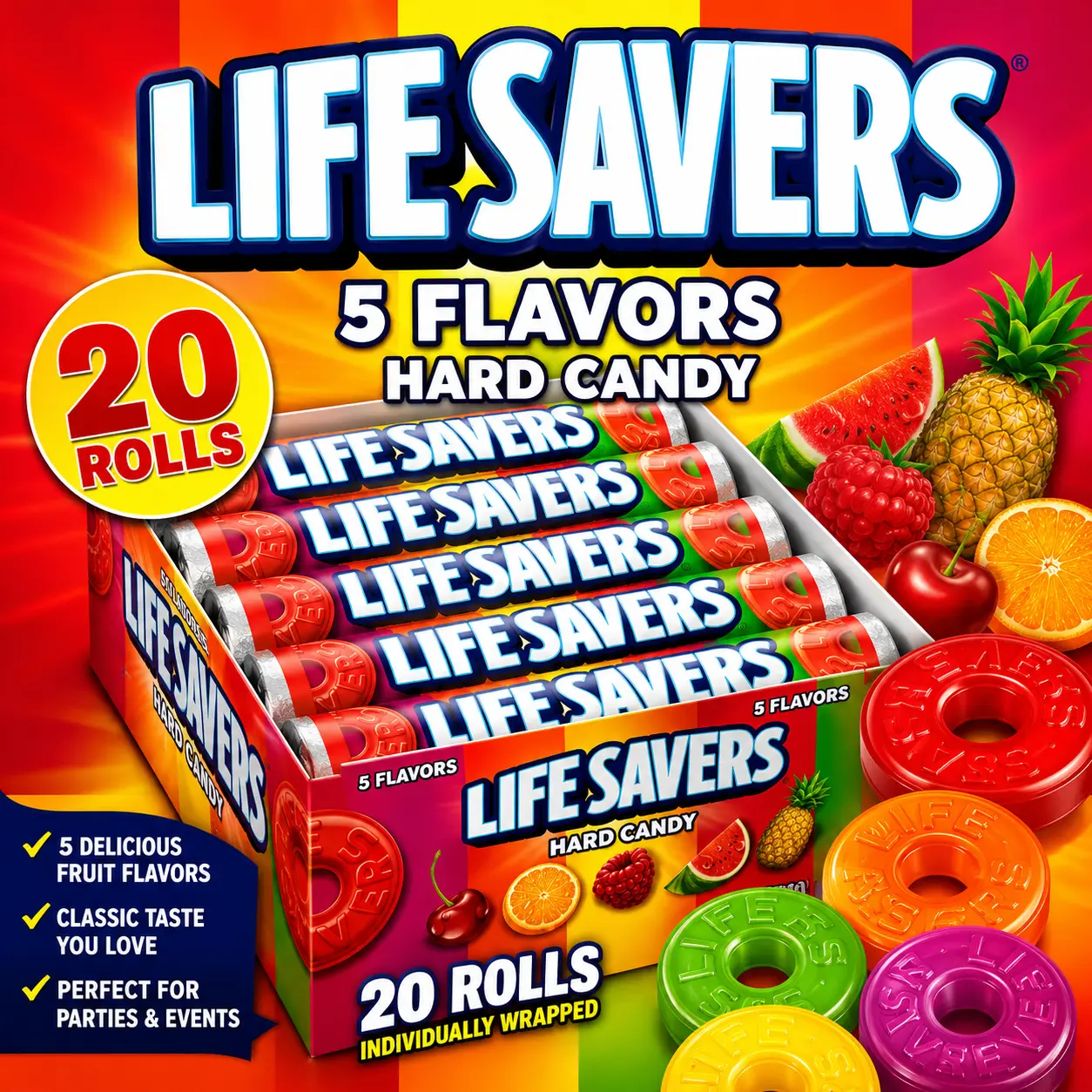 Life Savers 5 Flavors Hard Candy Rolls 20 Count  Classic Assorted Fruit Hard Candy | Individually Wrapped Rolls for Parties & Everyday Treats
