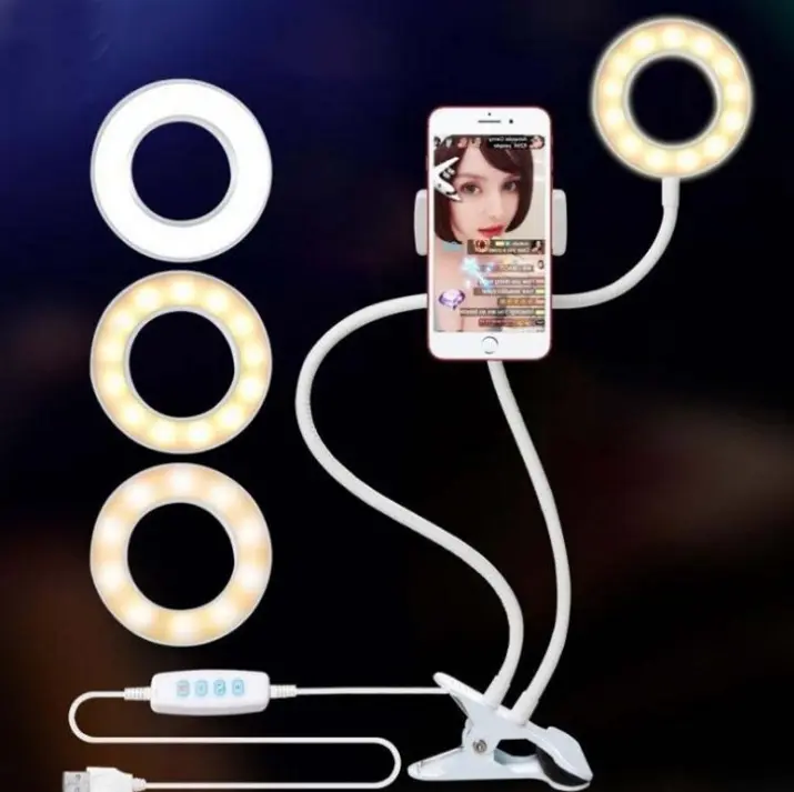 LED Selfie Ring Light with Alloy Stand - Adjustable Makeup Light, USB Desk Clamp Smartphone Accessory for TikTok Live Streaming, Video Recording