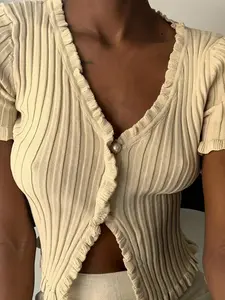 Women's Solid Color Ruffle Trim Knit Cardigan, Casual Fashion V-Neck Short Sleeve Top for Summer, Elegant Pearl Button Knitwear for Daily Wear